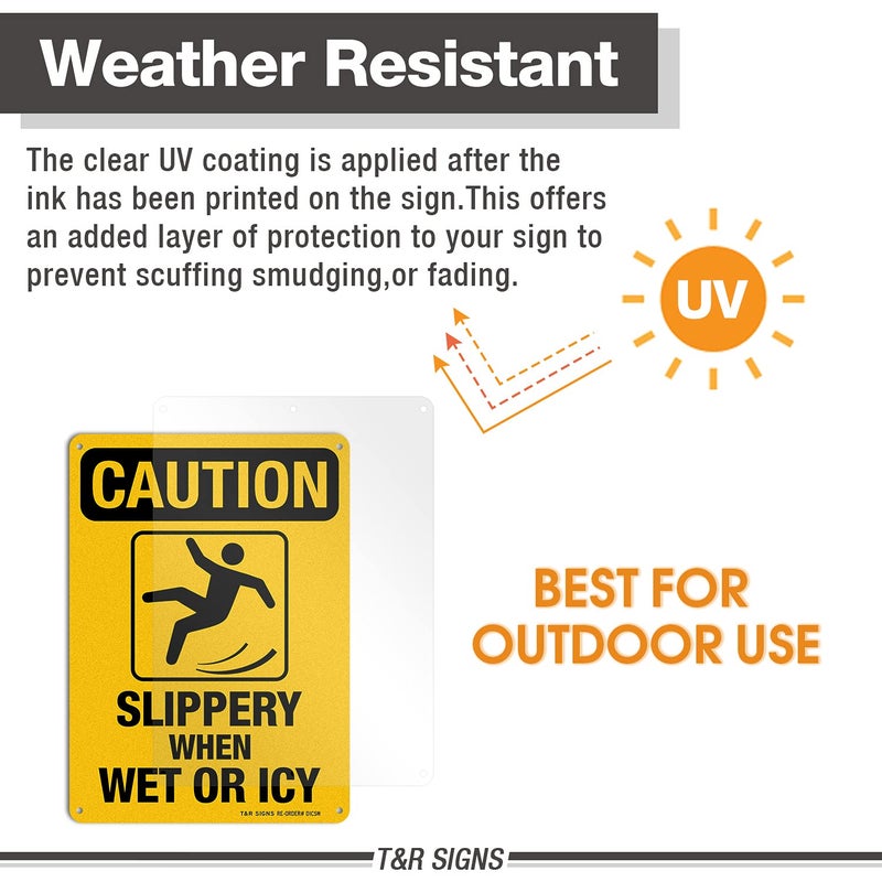 TR Slippery When Wet Or ICY Sign, Caution Sign, 4 Pack, 10" x 7" Rust Free .040 Aluminum, UV Protected, Waterproof, Weatherproof and Fade Resistant, 4 Pre-drilled Holes - Image 2